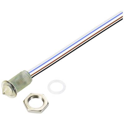 Een ronde, waterdichte LED-drukschakelaar met metalen moer en afdichting, verbonden met een wit, rood en blauw ommantel snoer.