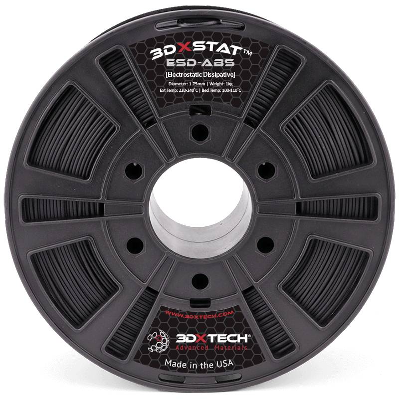 Spoel met 3D-printerfilament van ESD-ABS van 3DXTech. Tekst: 'Elektrostatisch dissipatief'. Afmetingen: 1,75 mm diameter, 1 kg gewicht.