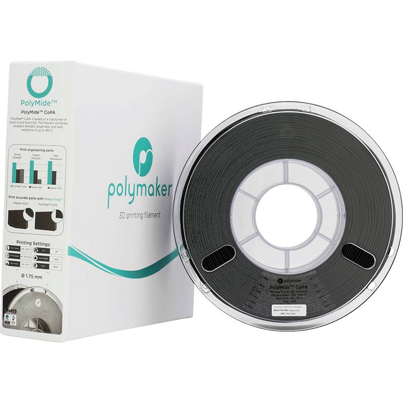 Een verpakking en een rol donkergrijs filament van het merk 'Polymaker PolyMide CoPA' voor 3D-printers, 1,75 mm diameter.
