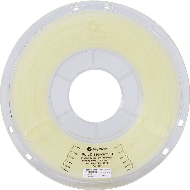 Een spoel PolyDissolve S1 Filament voor 3D-printers. Etiket toont aanbevolen extrusie- en verwarmde bedtemperaturen.