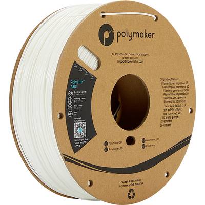 Spoel met 3D-printer-filament van Polymaker. Aanduiding: 'PolyLite ABS'. Etiket met productinformaties en contactgegevens.
