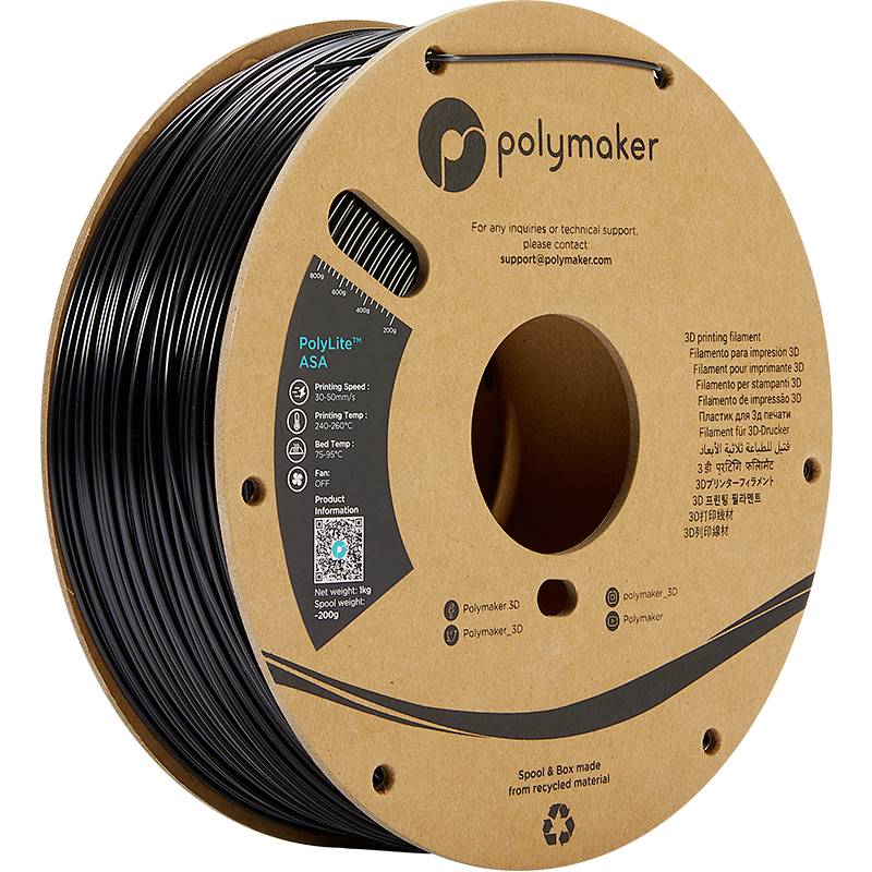 De afbeelding toont een spoel zwart 3D-printfilament van het merk Polymaker, genaamd 'PolyLite ASA'.