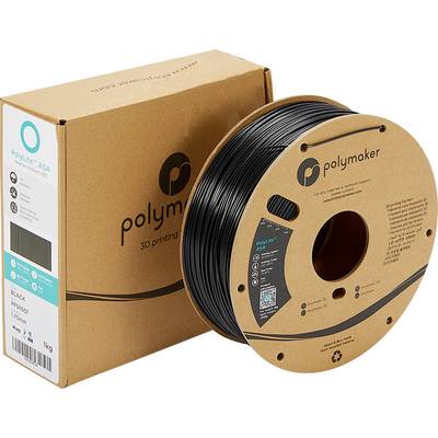 'Polymaker' 3D-printfilament in zwart ASA. Op de spoel staat 'PolyLite ASA', 1 kg, geschikt voor 3D-printprojecten.