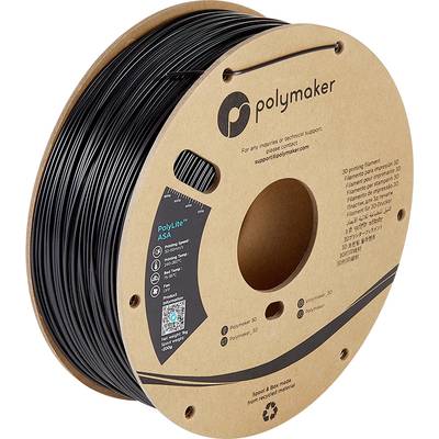 3D-printfilament spoel met zwart filament van Polymaker, PolyLite ASA. Productverpakking met merklogo en recycling-symbool.