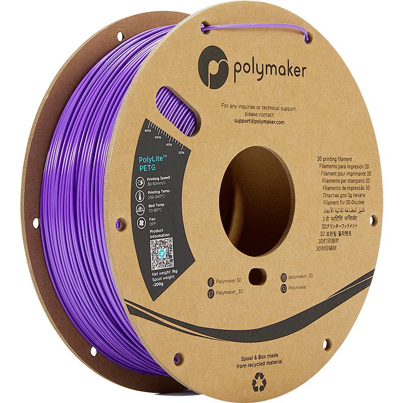 Een spoel paars 3D-printer filament van Polymaker. Het is gemaakt van gerecycled materiaal en geschikt voor 3D-printtechnologie.