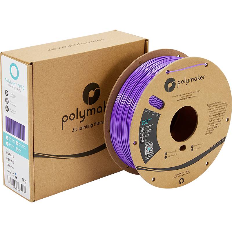 Kartonnen doos en spoel met paars 'PolyLite' PETG 3D-printfilament van Polymaker, 1 kg, naast de kartonnen doos met het bedrijfslogo.
