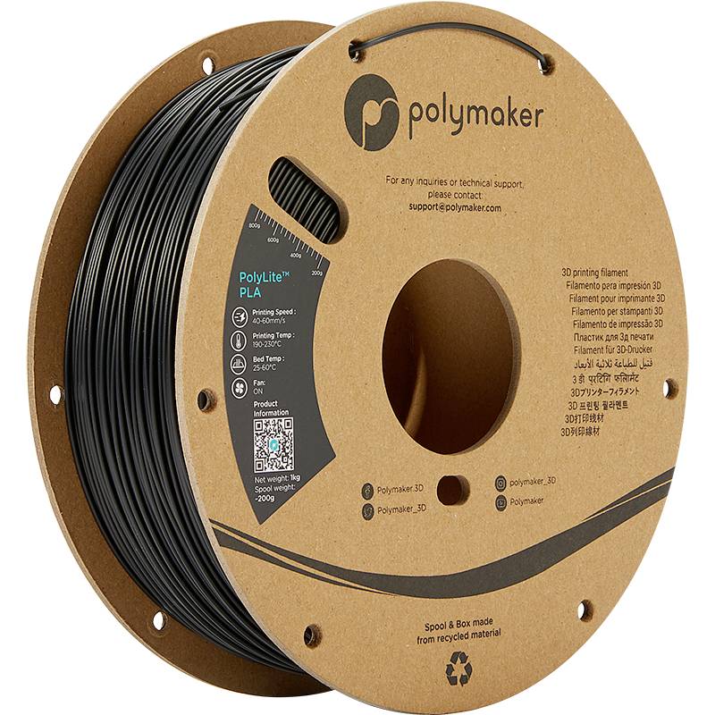 Zwarte 3D-printer-filamentrol van Polymaker, model 'PolyLite PLA', in een kartonnen verpakking met specificaties en QR-code.