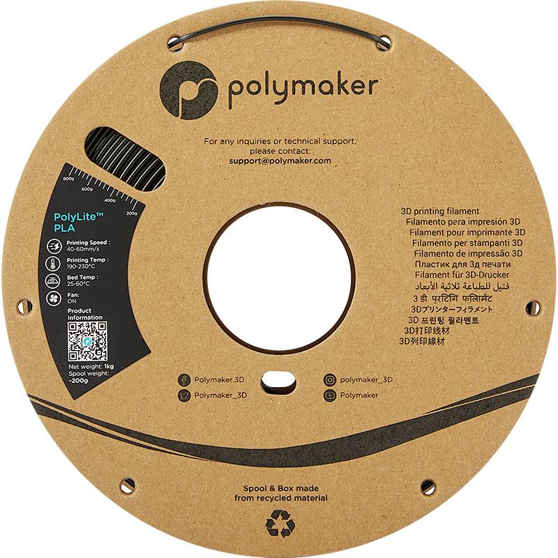 Een PolyLite PLA spoel van Polymaker. Etiket bevat informatie over materialen, contact-e-mail en sociale media.
