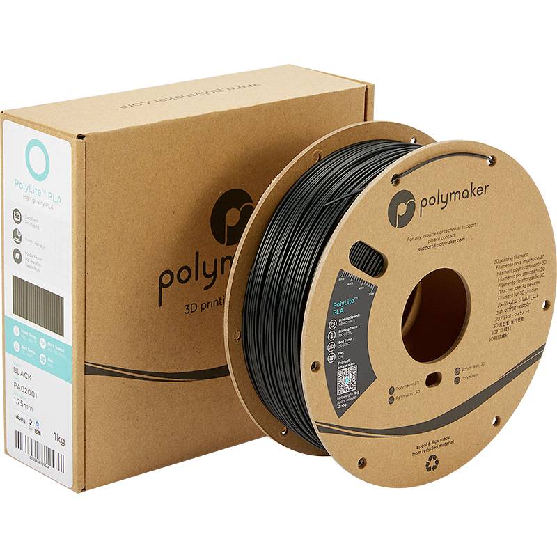 Een rol zwart Polymaker PLA 3D-printerfilament in een bruine verpakking, geschikt voor 3D-printprojecten.