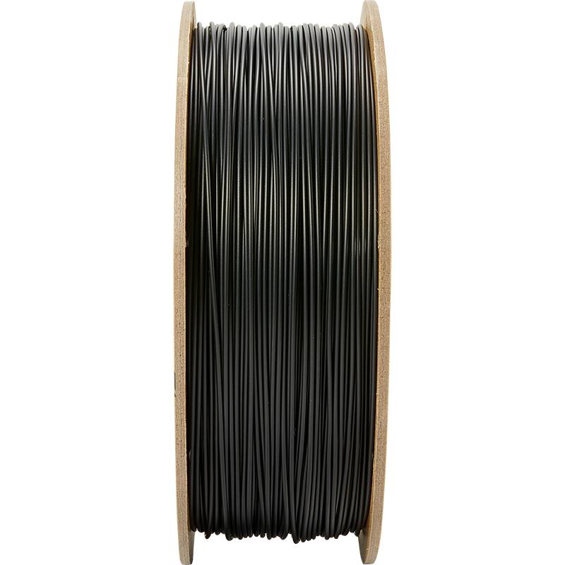 Een houten spoel met zwart 3D-printer-filament.