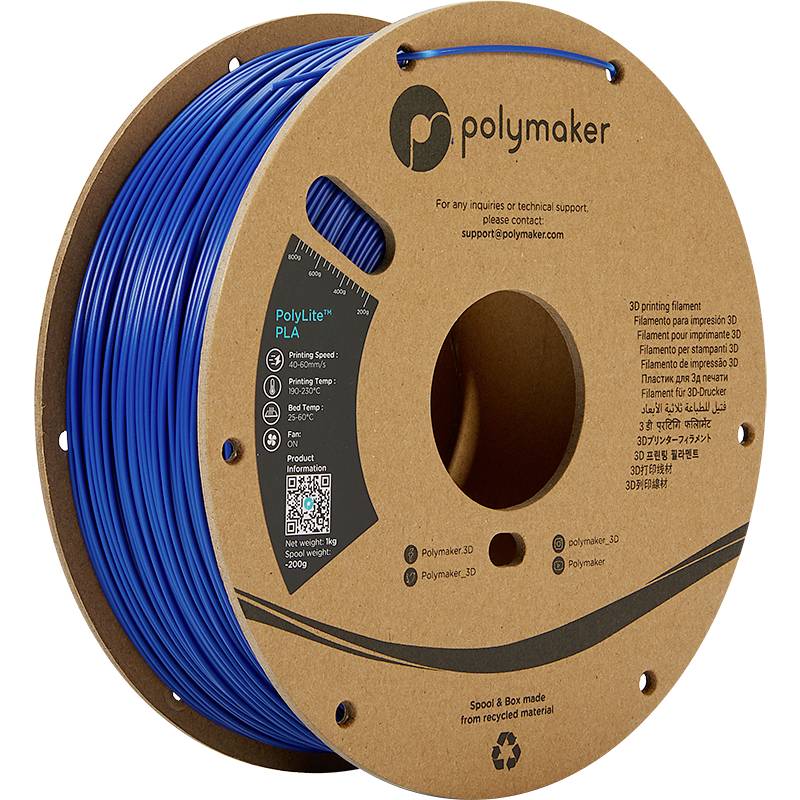 Blauw 3D-printerfilament op een bruine spoel van Polymaker.