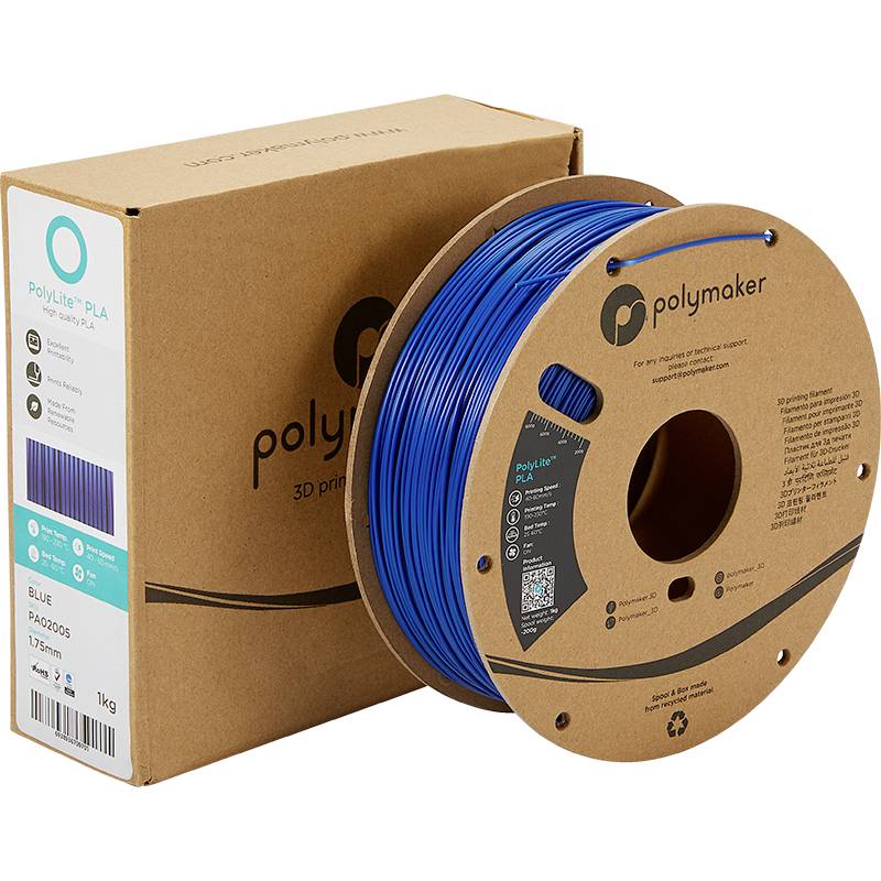 3D-printerfilament in het blauw op een spoel, naast een bruine verpakking met merklogo en specificaties.