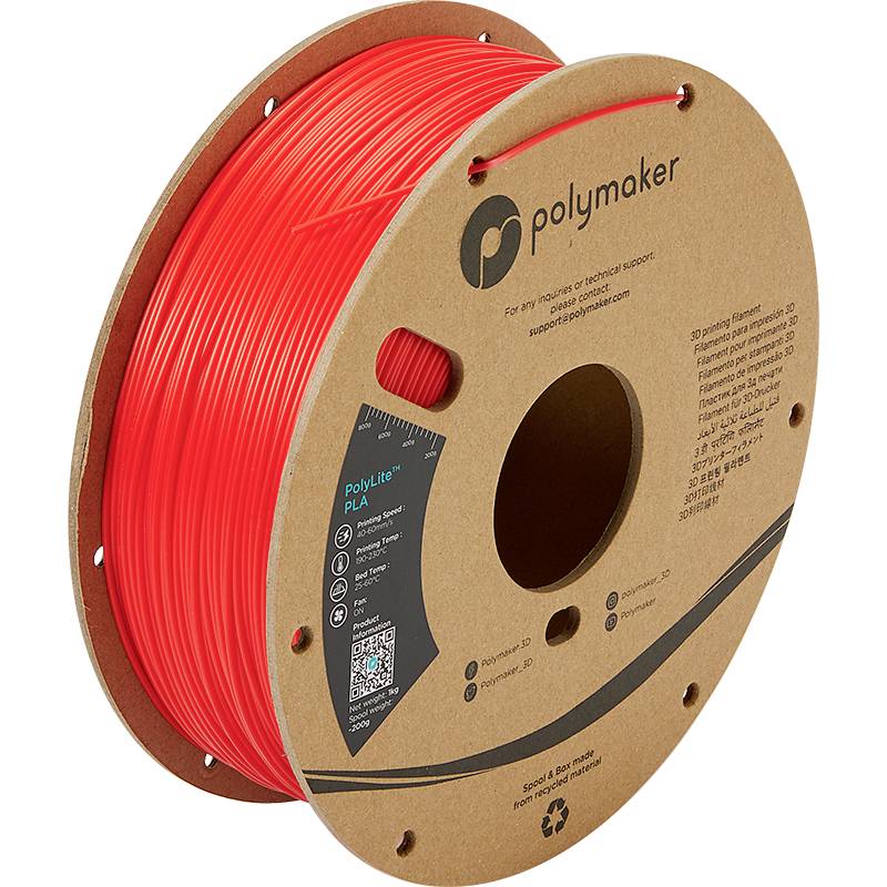 Een rol rood Polylite PLA-filament van het merk Polymaker, geschikt voor 3D-printers. Verpakt in bruine kartonnen doos met logodruk.