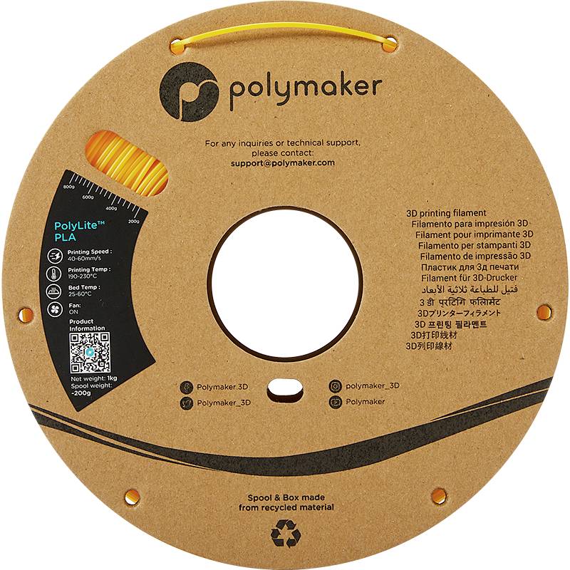 Een ronde spoel met 'PolyLite PLA' 3D-printer filament, oranje kleur. Merknaam 'Polymaker'. Gedrukte informatie ter ondersteuning.
