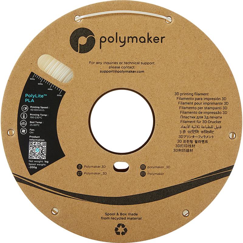 Een ronde verpakking van gerecycled materiaal voor Polymaker 3D-printfilament. Bevat productinformatie in meerdere talen.