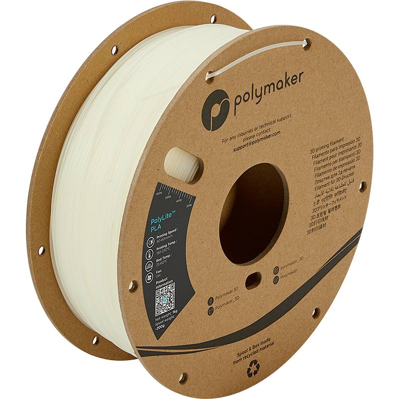 Een spoel helder 3D-printer-filament van het merk Polymaker. Op de verpakking zijn logo's en basisinformatie over de materiaaleigenschappen afgebeeld.