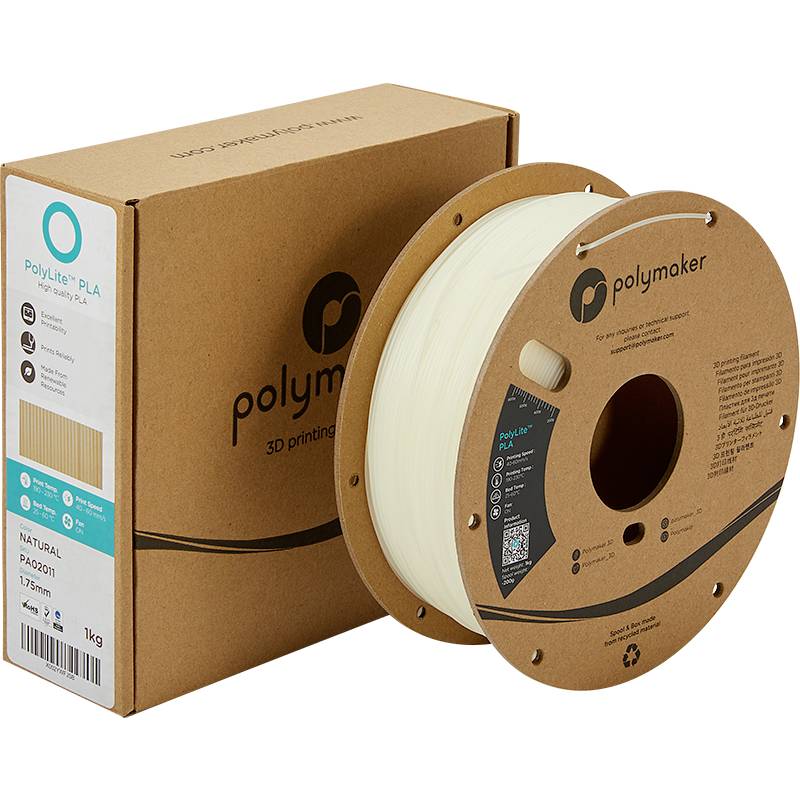 PolyLite PLA 3D-printfilament in natuurlijke kleur, 1,75 mm, 1 kg spoel, in verpakking met opvallende logo's van Polymaker.