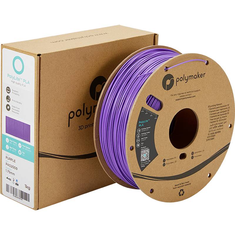 Paarse 3D-printfilament van Polymaker, 1 kg rol, PLA-materiaal, Ø 1,75 mm, in bruine kartonnen verpakking met blauw label.