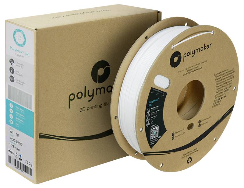 Doos en spoel van 'Polymaker' 3D-printer-filament, witte kleur, gelabeld 1,75 mm, 750 g.