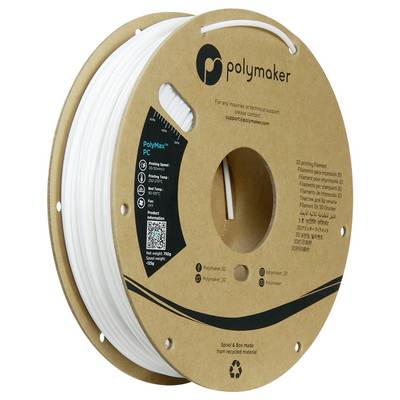 Een spoel wit Polymaker PolyMax PC 3D-printfilament gemaakt van gerecycled materiaal, met productgegevens en contactgegevens.