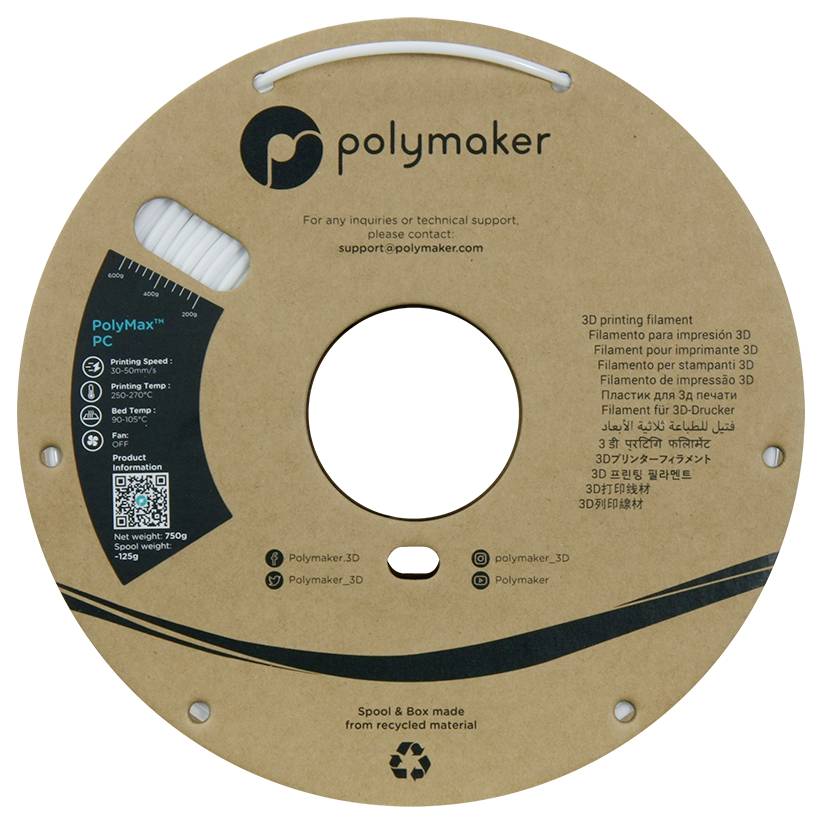 Een ronde spoel voor 3D-printfilament met 'Polymaker' branding en contactgegevens. Het vermeldt verschillende talen voor '3D-printfilament.'