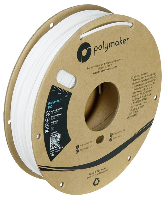 Een spoel witte 3D-printfilamenten met het label 'PolyMaker PC'. De kartonnen spoel bevat informatie over compatibiliteit en gebruik.