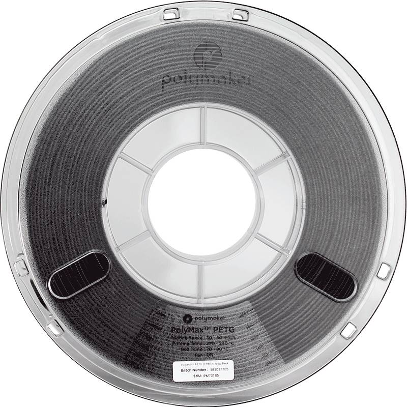 Zwarte PETG-filamentrol van Polymaker voor 3D-printers. De kunststof spoel is transparant en rond, toont het opgerolde filament.