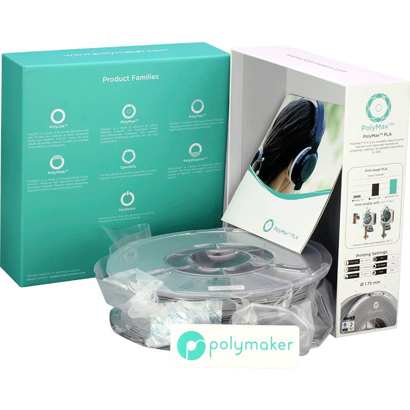 Filamentverpakking van Polymaker met productafbeelding en technische specificaties op de doos. Bevat informatie over de geschiktheid van PLA.