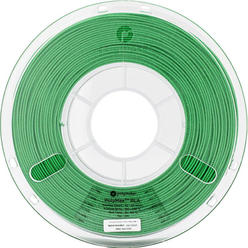 Groene PLA-filamentrol van Polymaker, geschikt voor 3D-printers. Toont etiket met merknaam en specifieke productinformatie.