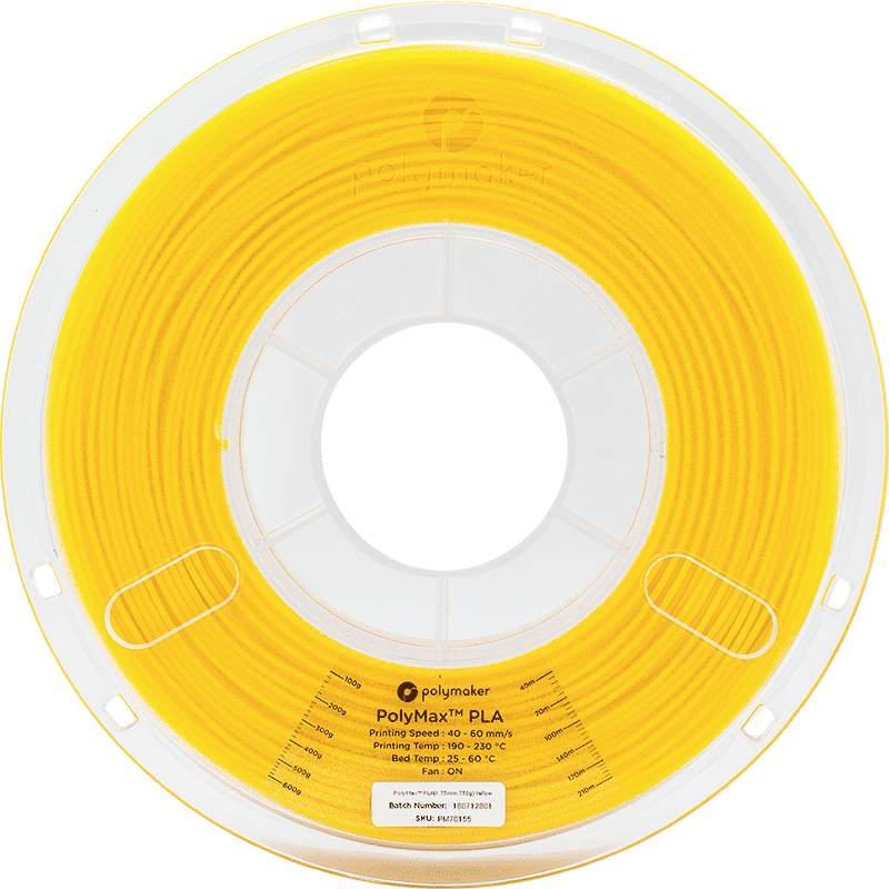 Gele 3D-printer-filamentspoel van Polymaker. Gegevens op de spoel: Snelheidsbereik 40-60 mm/s, Temperatuur 190-230°C.