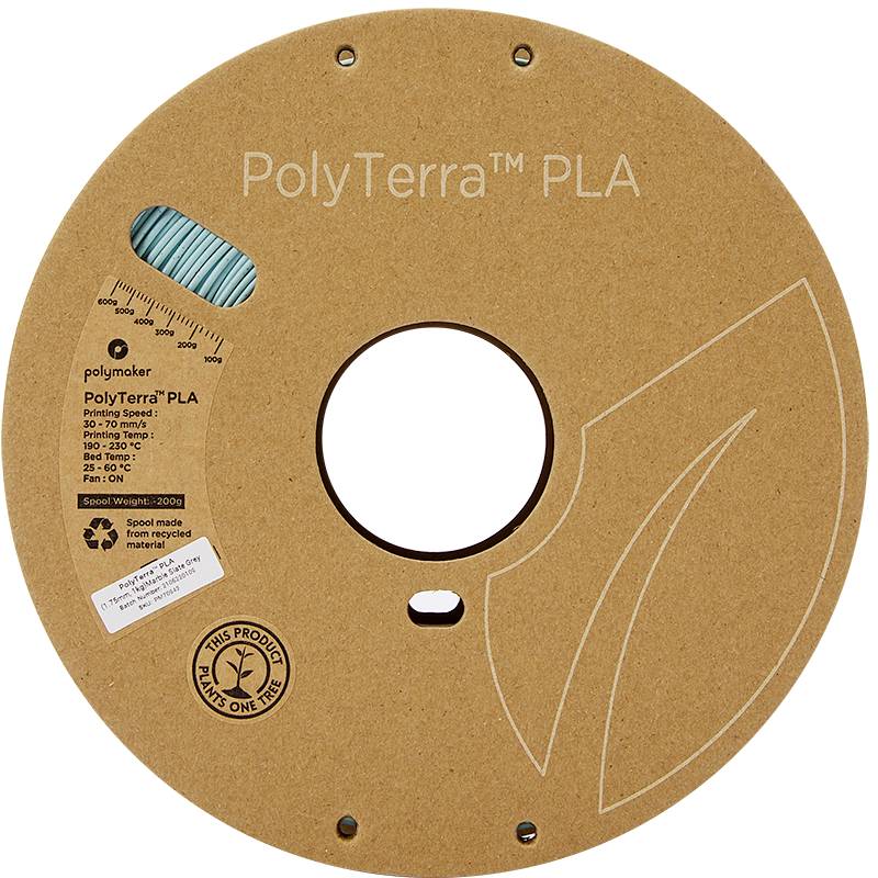 Spoel PolyTerra PLA met groen filament, milieuvriendelijk, recyclebaar. Geschikt voor 3D-printen; printtemperatuur 190-230°C.
