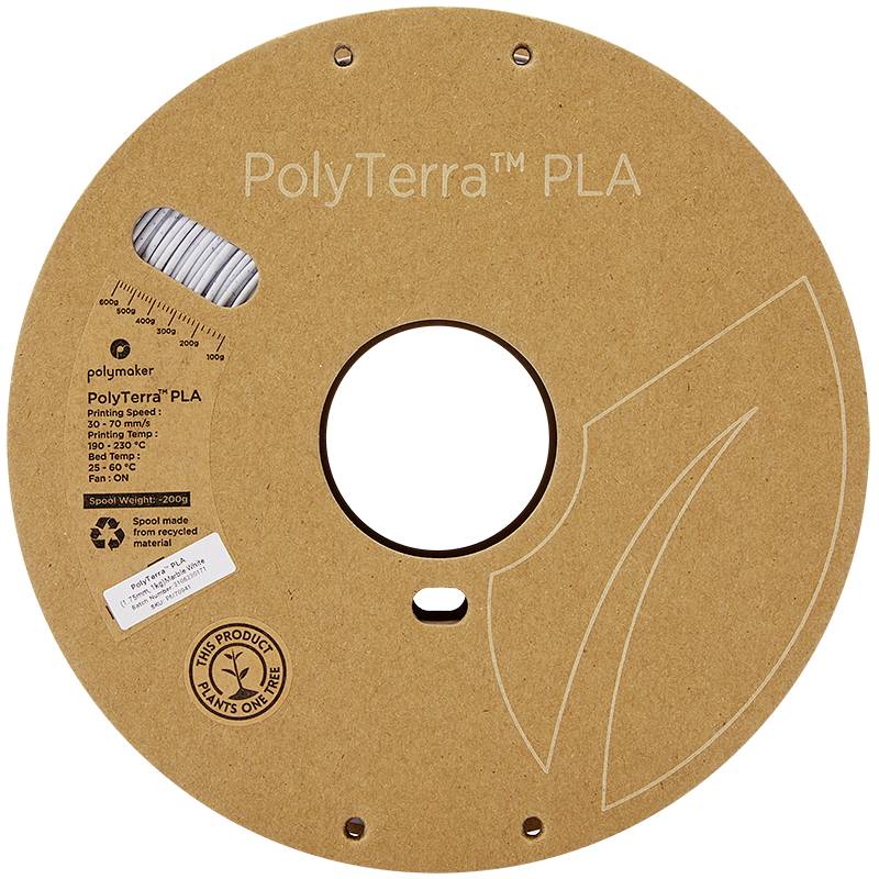 Spoel met PolyTerra PLA Filament. Vervaardigd uit 100% gerecycleerde materialen. Aanbevolen afdruktemperatuur: 190-230°C.
