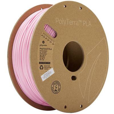 Een rol roze 3D-printfilament van PLA, gemerkt met 'PolyTerra PLA'. Verpakt op een herbruikbare kartonnen spoel.