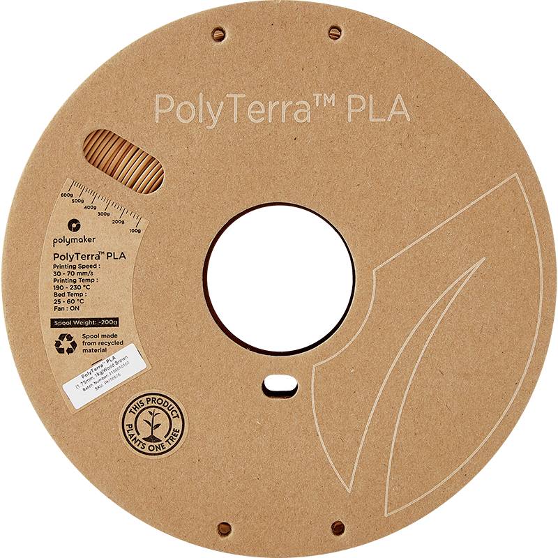 Een spoel PolyTerra PLA-filament met ecologische opdruk en informatie over printsnelheid en temperatuur.