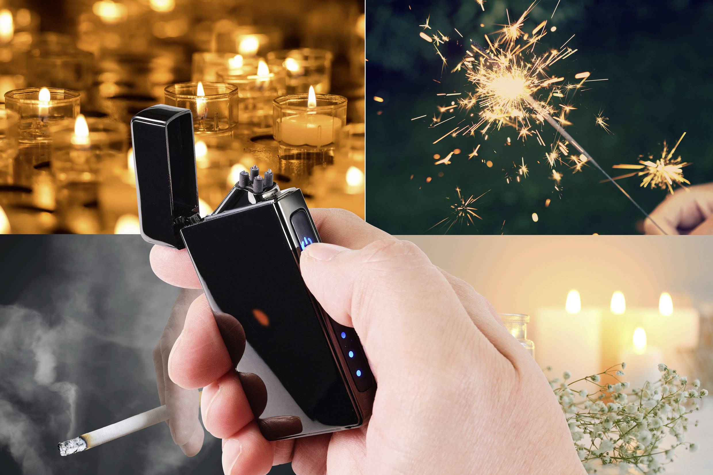 Een hand houdt een zwarte aansteker vast, omringd door brandende kaarsen en fonkelende wonderkaarsjes; symboliseert feestvreugde.