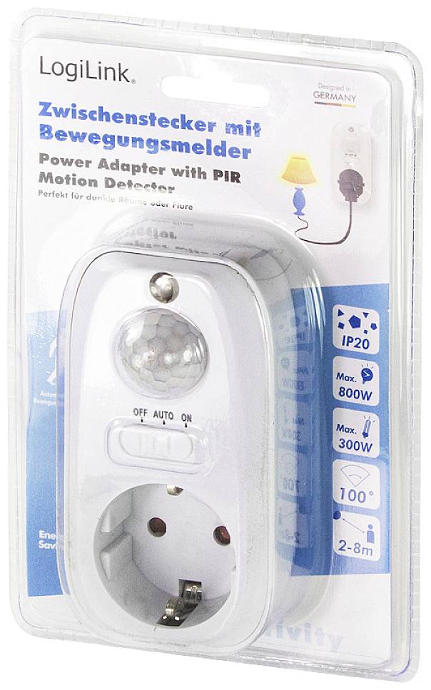 'LogiLink Tussenstekker met bewegingsmelder' in verpakking. Witte adapter voor stopcontact, geschikt voor verlichting tot 1200W.