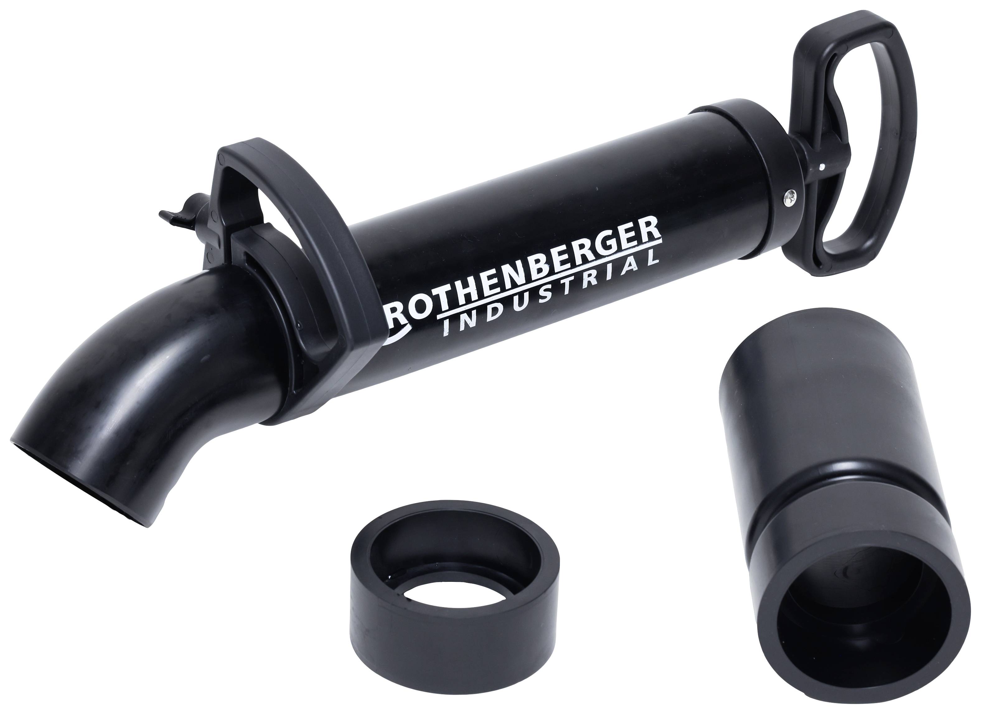 Handmatige drukluchtzuiger van Rothenberger Industrial met verwijderbare cilinder en twee afdichtingsringen, gebruikt voor buizenreiniging.