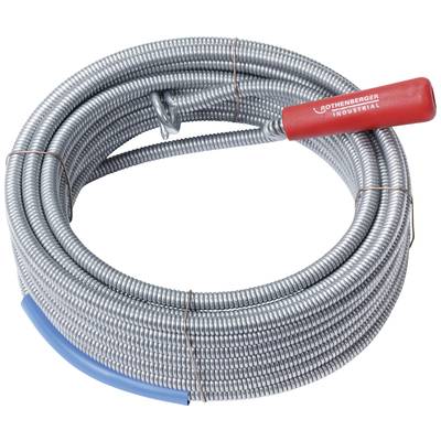 Metalen rioolontstoppingsspiraal, opgerold met een rode handgreep en blauwe markering.