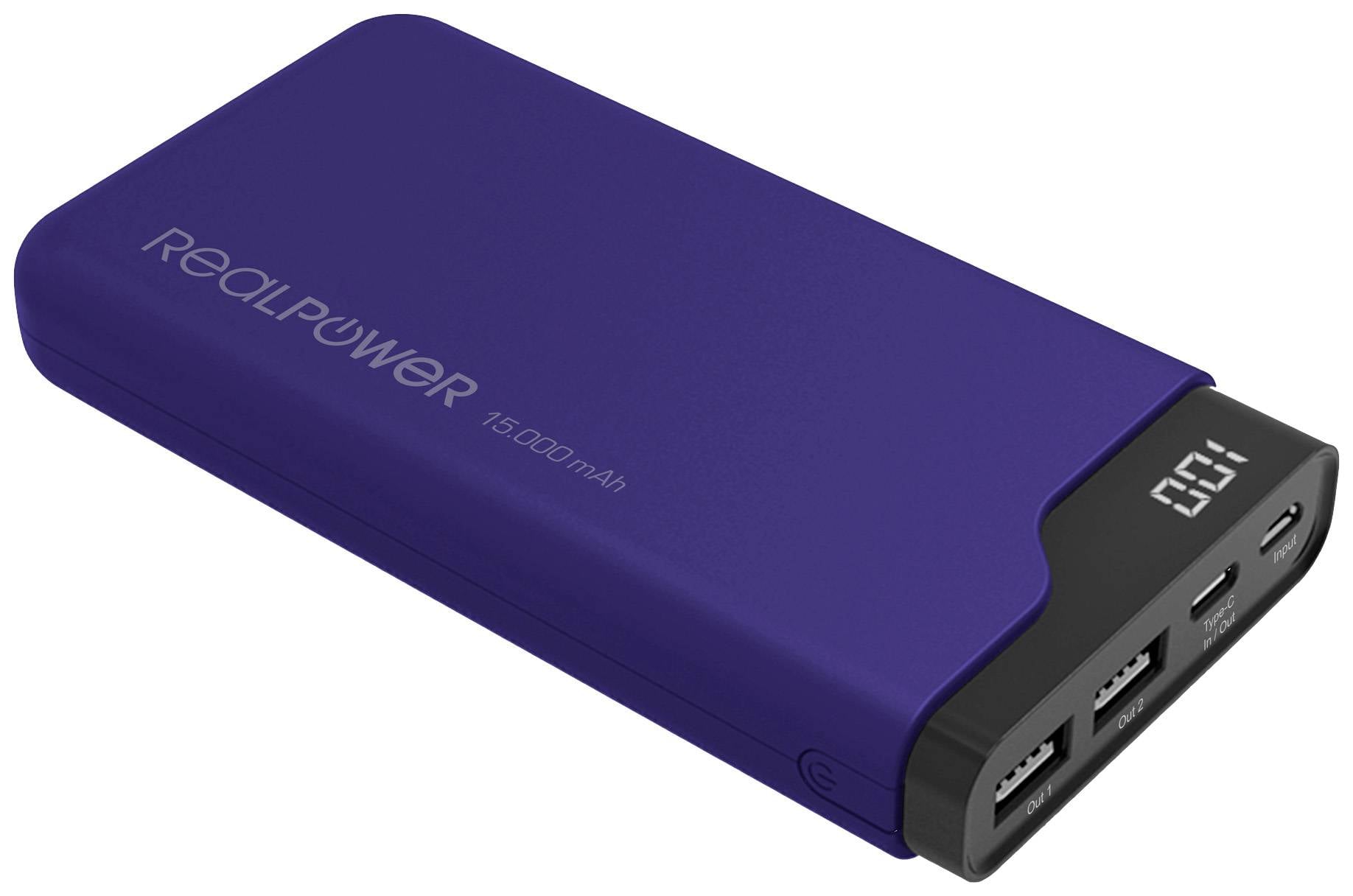Powerbank in donkerblauw met een digitaal display waarop '0.01' wordt weergegeven, voorzien van drie USB-poorten.