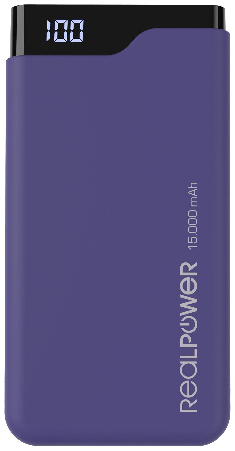 Blauwe powerbank met digitale weergave aan de bovenkant. Toont '100', wat de accustatus aangeeft. Capaciteit: 15.000 mAh.