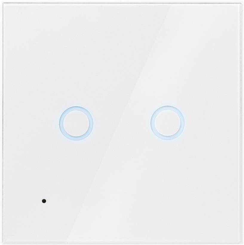 Een moderne, witte wandschakelaar met twee ronde, blauw verlichte touchgebieden.