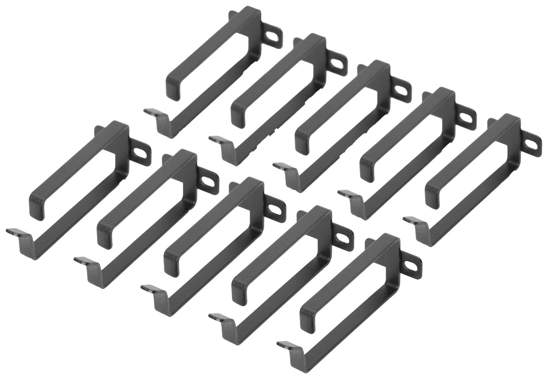 Tien zwarte metalen haken, gerangschikt in twee rijen, gebruikt voor het bevestigen of ophangen van voorwerpen.