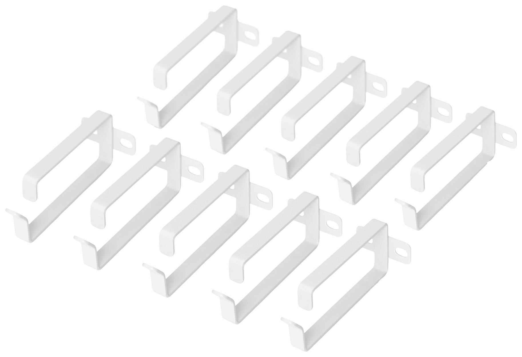 Tien witte metalen haken in een gelijkmatige configuratie. Ze zijn bedoeld voor wandmontage en geschikt voor het ophangen van gordijnen.