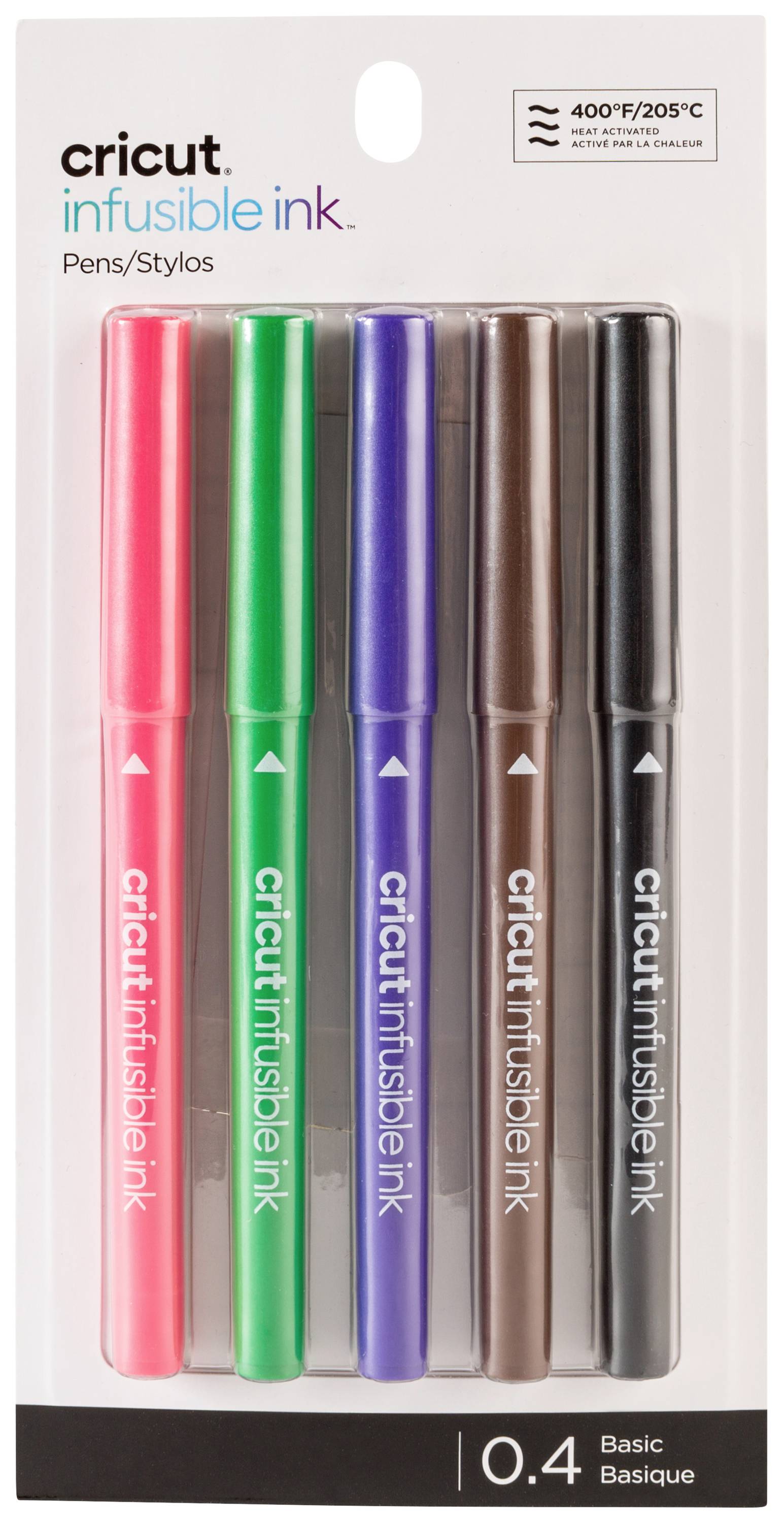 Een set van vijf Cricut Infusible Ink stiften in Roze, Groen, Blauw, Bruin en Zwart, geschikt voor transferprojecten bij 205°C.
