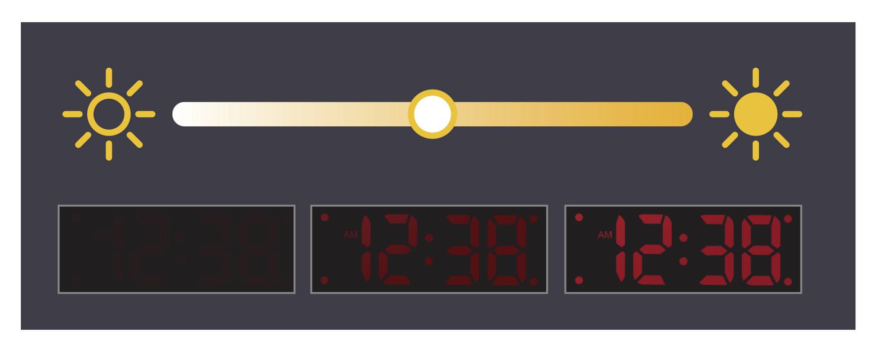 Helderheidsinstelling: Schuifregelaar tussen zwak en sterk licht. Drie rode 7-segment-displays eronder tonen de tijd.