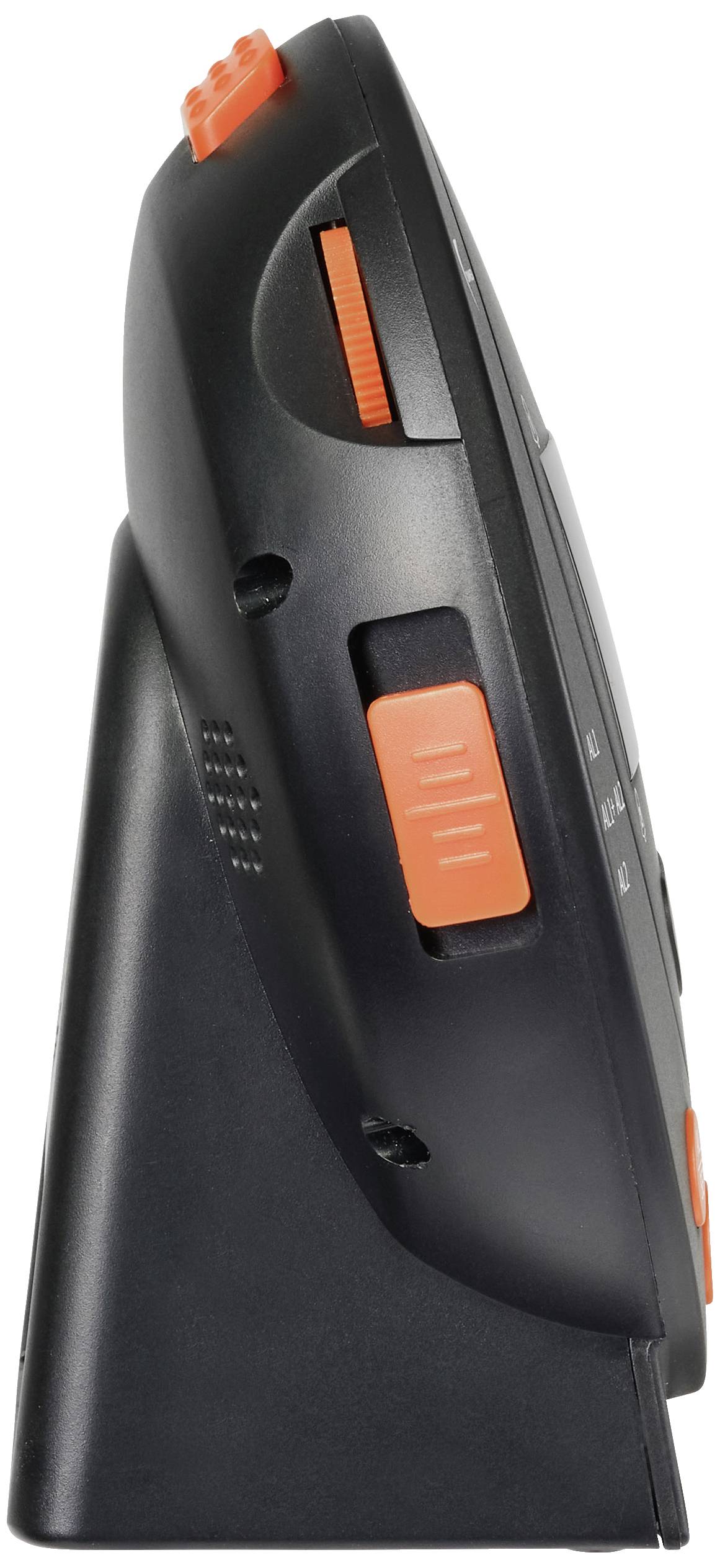 Elektronisch apparaat in zijaanzicht met zwarte en oranje details, toont bedieningsknop en geprofileerd handvat.