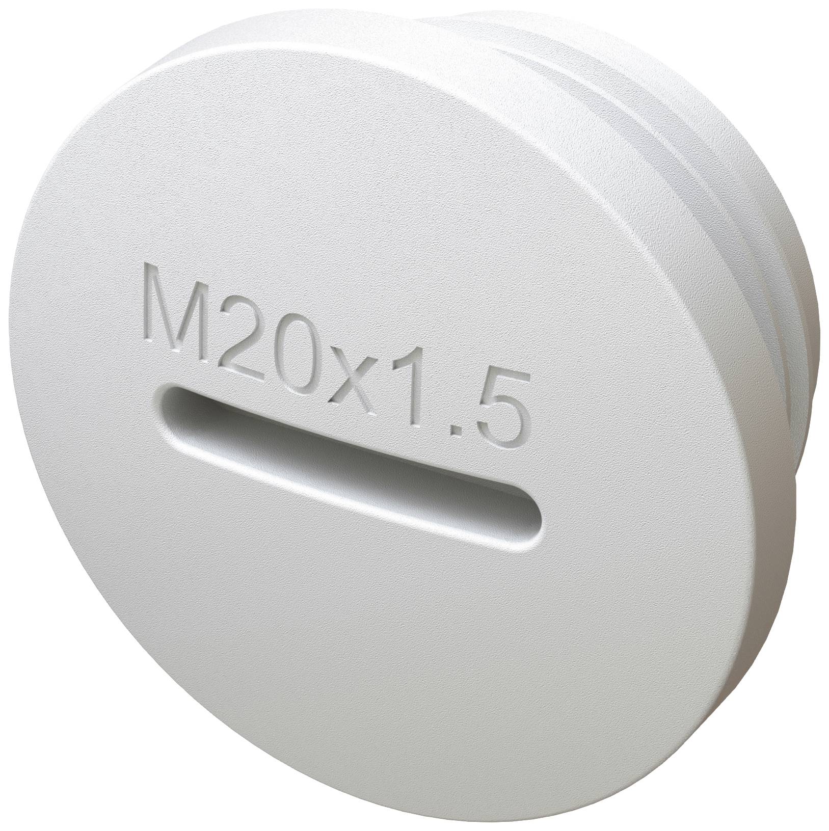 Ronde, witte afdichtdop met de markering 'M20x1.5', heeft een gegleufde oppervlakte voor afsluitingen in mechanische toepassingen.