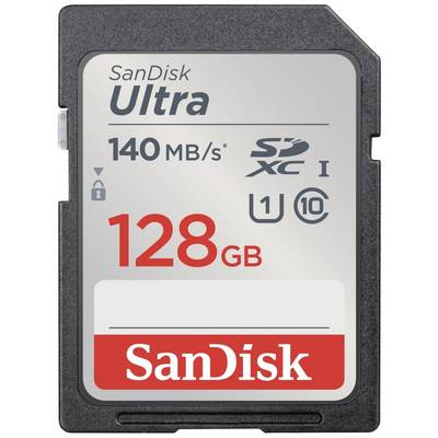 SanDisk-geheugenkaart met 128 GB capaciteit en leessnelheid van 140 MB/s, geschikt voor SDXC-compatibele apparaten.