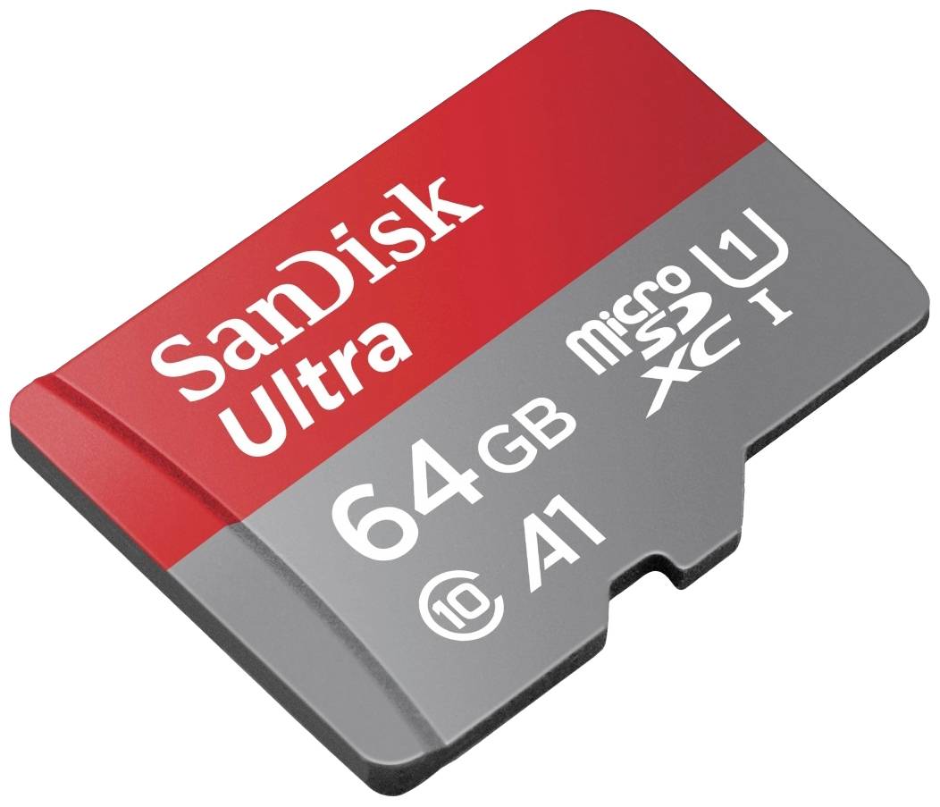 SanDisk Ultra microSD-kaart met 64 GB opslagcapaciteit, geschikt voor snelle gegevensoverdracht met Class 10 en A1 specificaties.