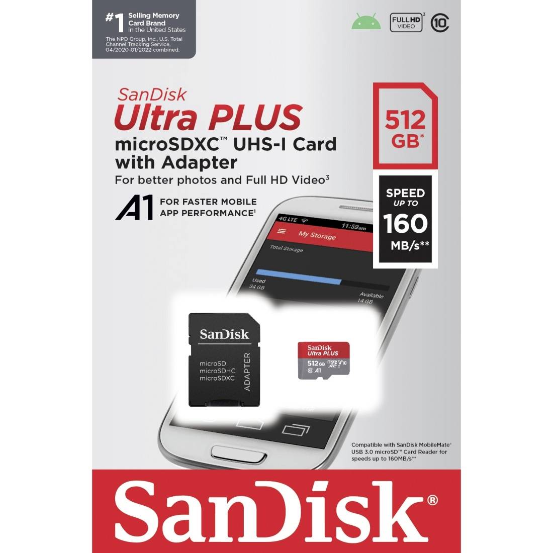 SanDisk microSDXC Ultra PLUS 512GB (A1/UHS-1/Cl.10/160MB/s) + Adapter microSDXC-kaart 512 GB A1 Application Performance -3
